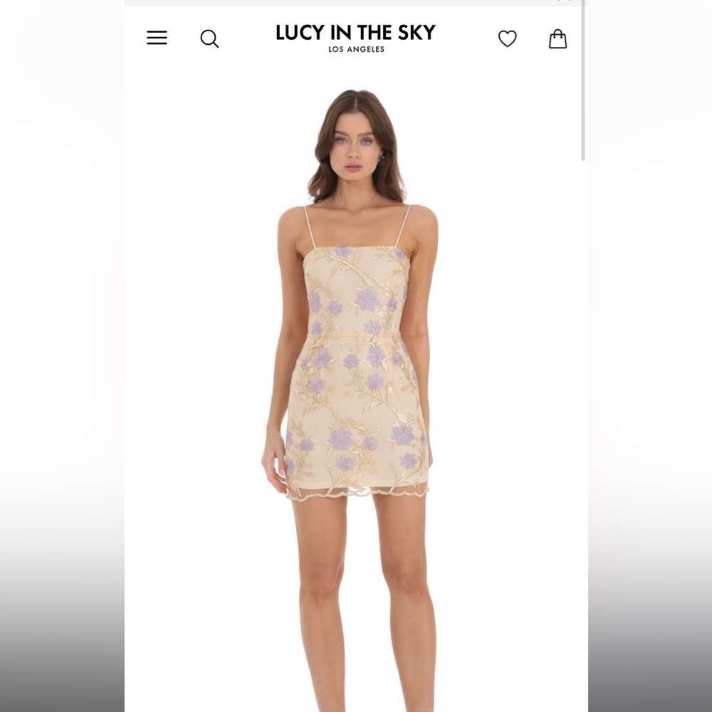 Lucy in the Sky mini dress with purple flowers and gold accents